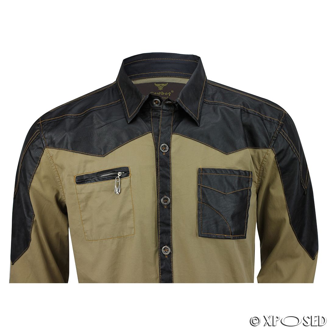 Men Cotton Beige Long Sleeve Elbow Patch Faux Leather Pocket Slim Fit